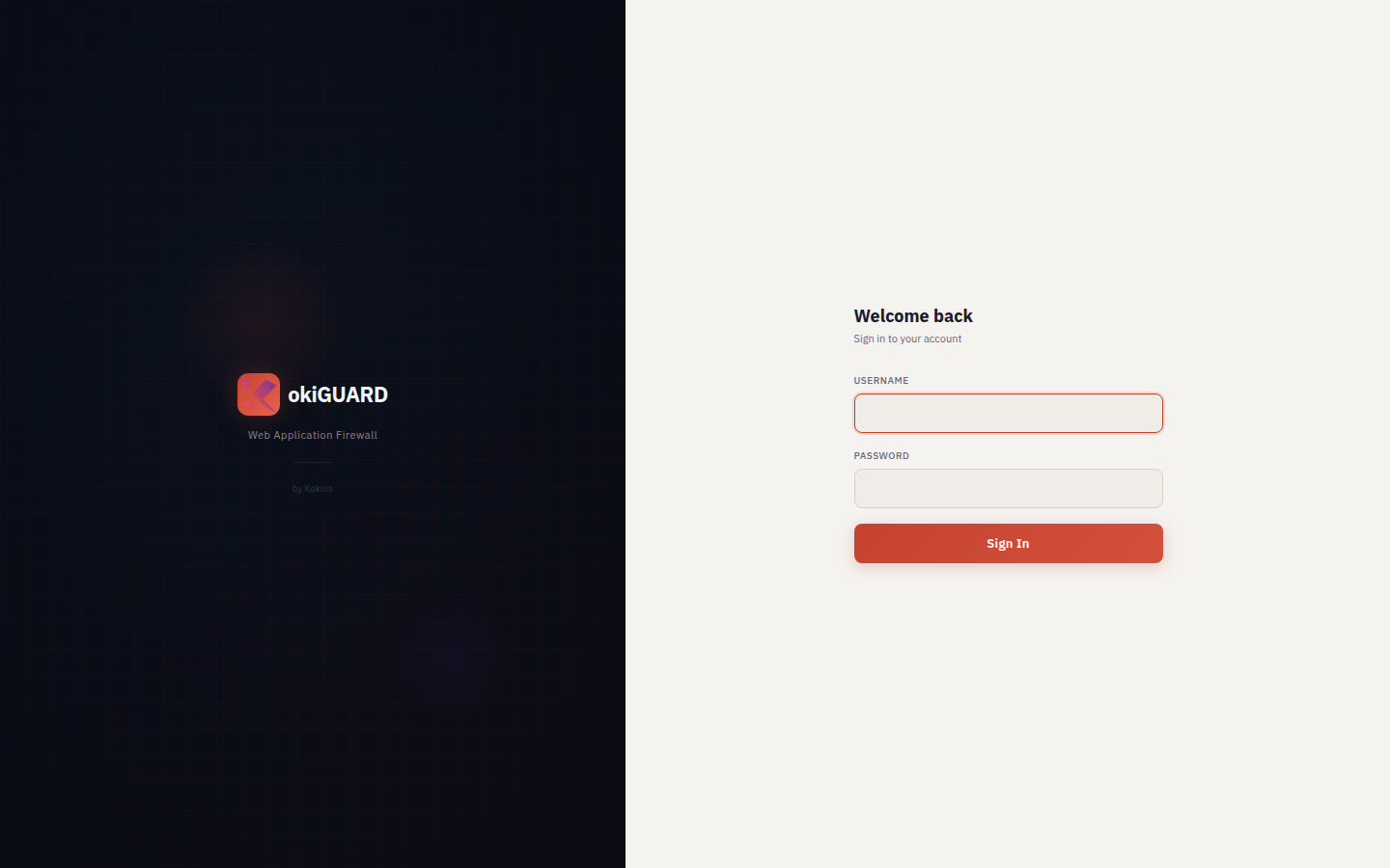 Écran de connexion de kokiGUARD avec les champs Username et Password et le bouton Sign In