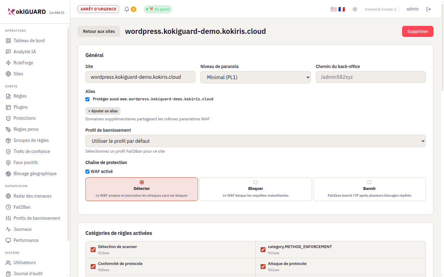 Fiche du site wordpress.kokiguard-demo.kokiris.cloud : paranoïa Minimal (PL1), alias www coché, profil de bannissement par défaut, WAF activé et mode Détecter sélectionné