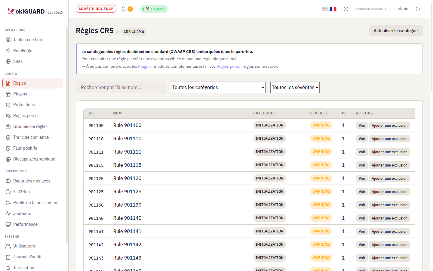 Page Règles CRS : catalogue des règles OWASP avec filtres par catégorie et sévérité