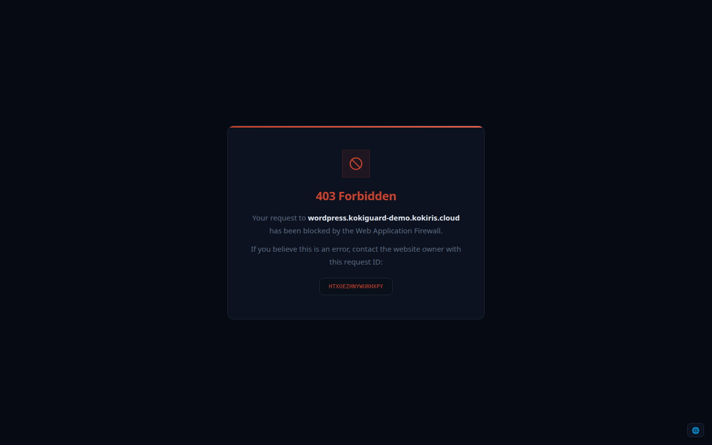 Page de blocage 403 de kokiGUARD affichée dans un navigateur pour le site wordpress, avec un identifiant de requête