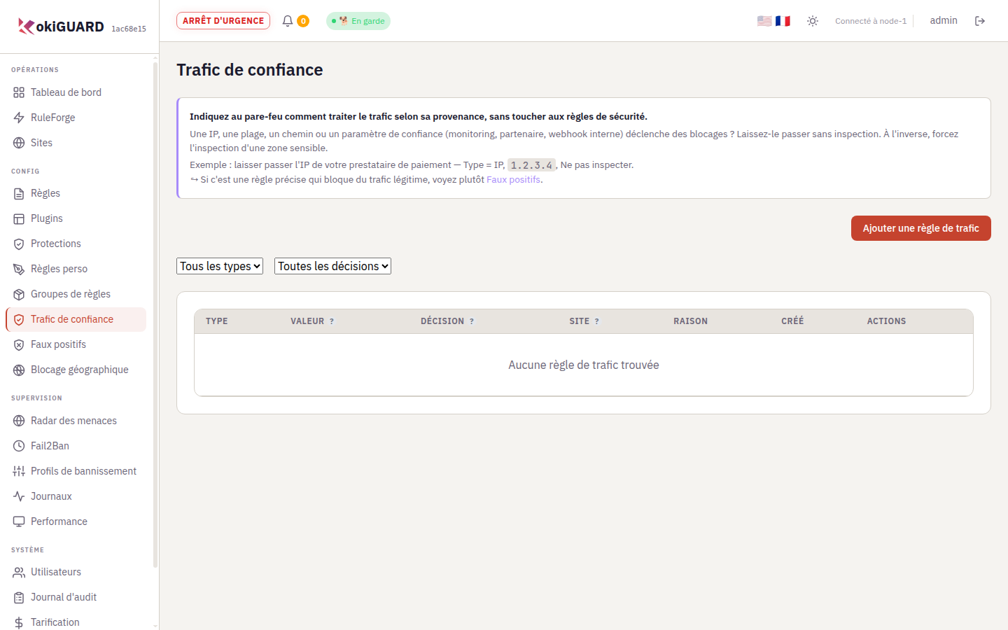 Page Trafic de confiance avec son introduction et le bouton Ajouter une règle de trafic