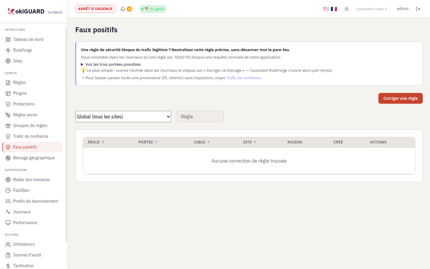 Page Faux positifs avec son introduction et le bouton pour corriger une règle
