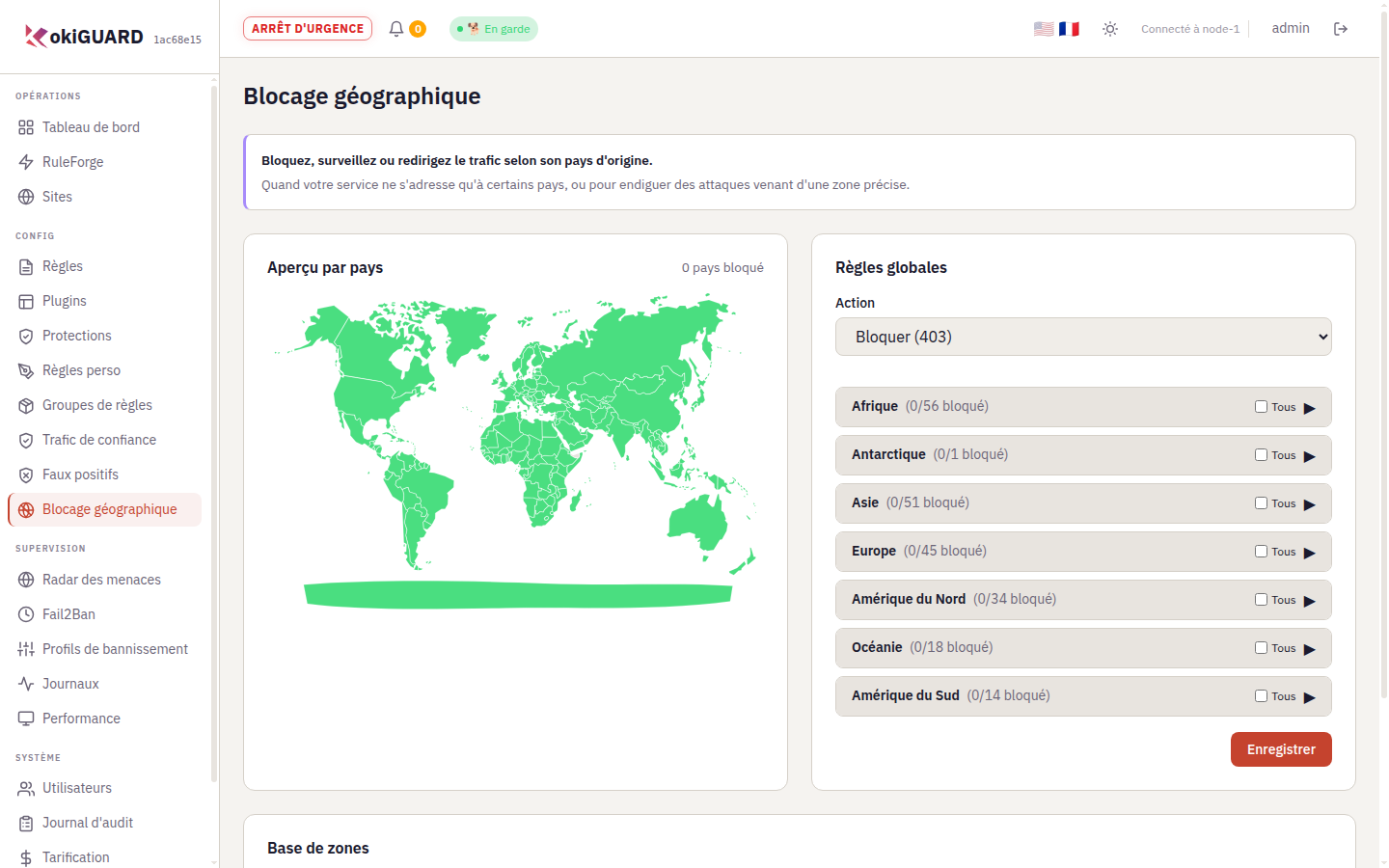 Page Blocage géographique avec les règles globales par pays et continent et la base de zones