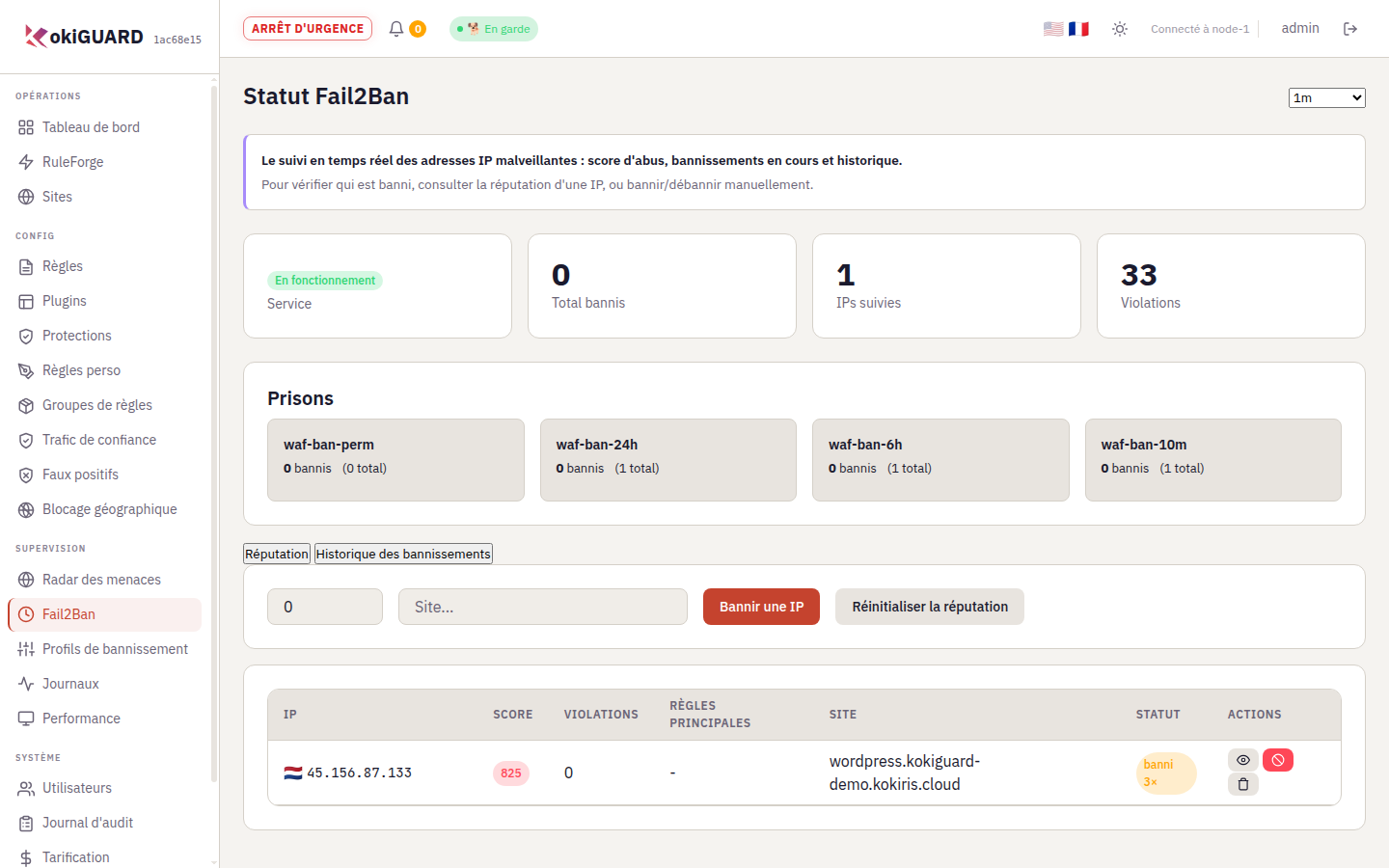 Page Fail2Ban : indicateurs total bannis, IP suivies, violations et prisons, onglets Réputation et Historique des bannissements