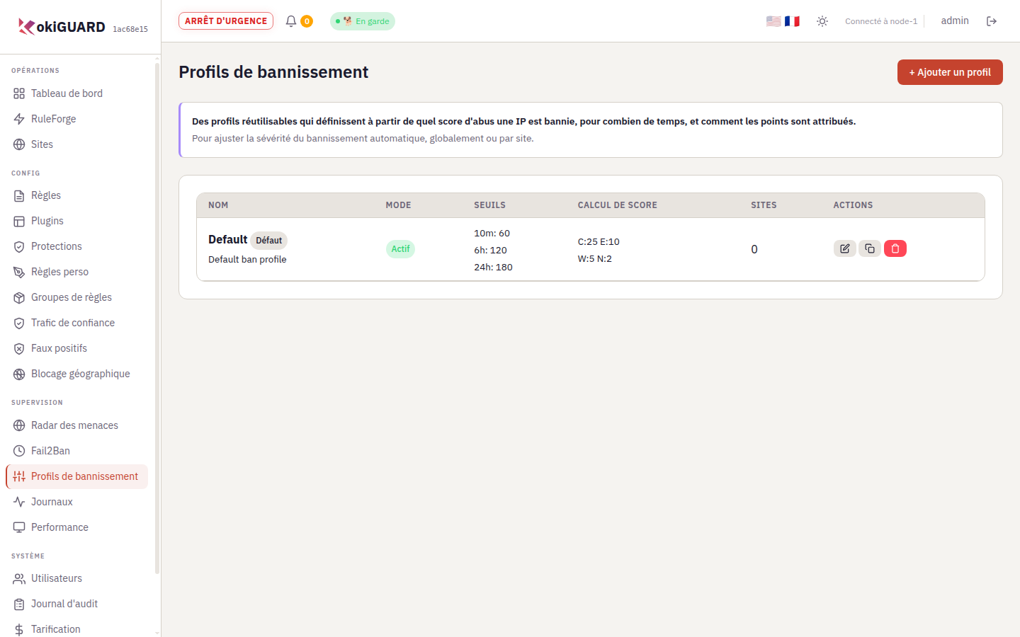 Page Profils de bannissement avec le profil par défaut, ses seuils et son barème