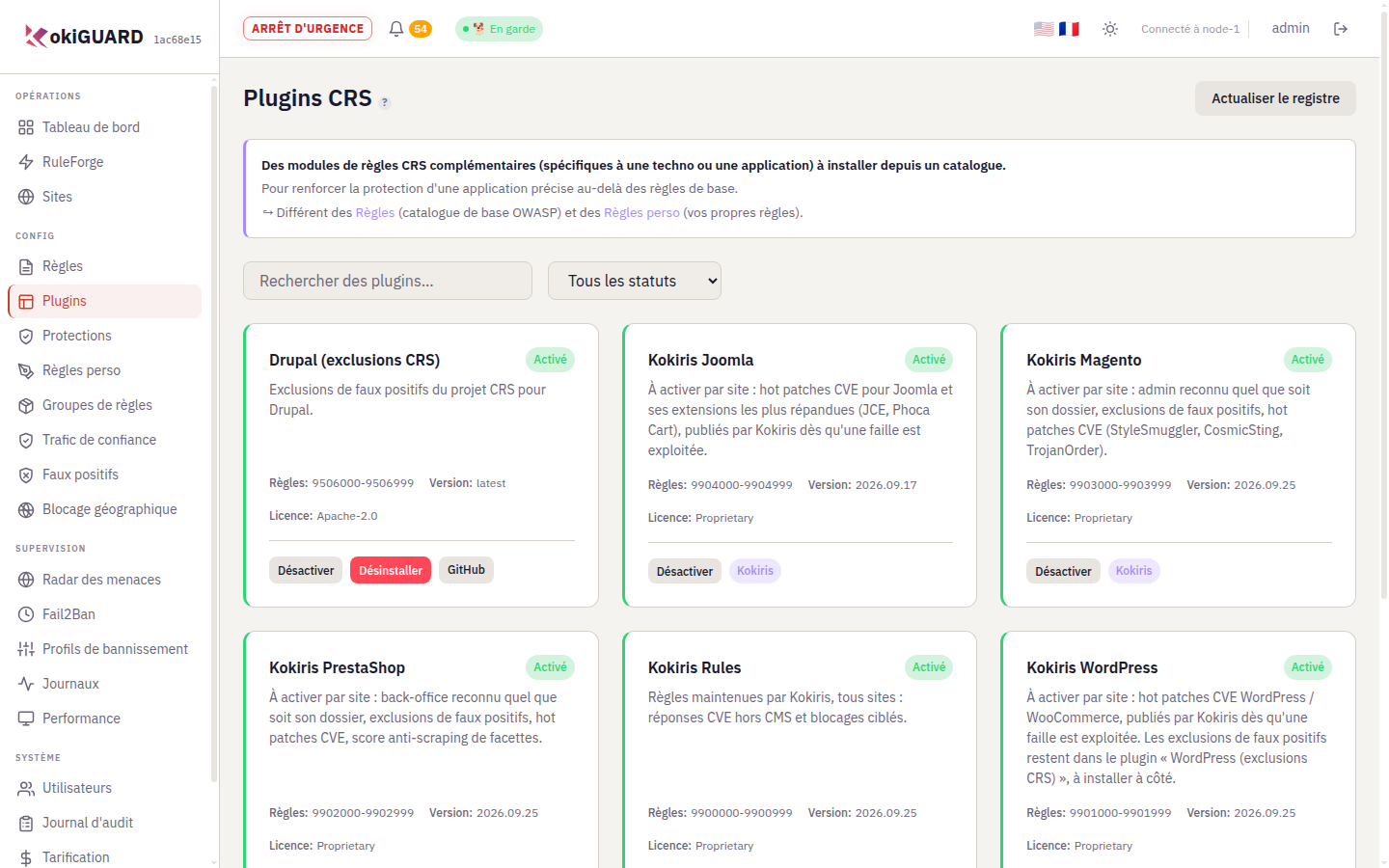 Page Plugins CRS : plugins du registre et jeux Kokiris avec le badge Kokiris, boutons Activer, Désactiver et Mettre à jour