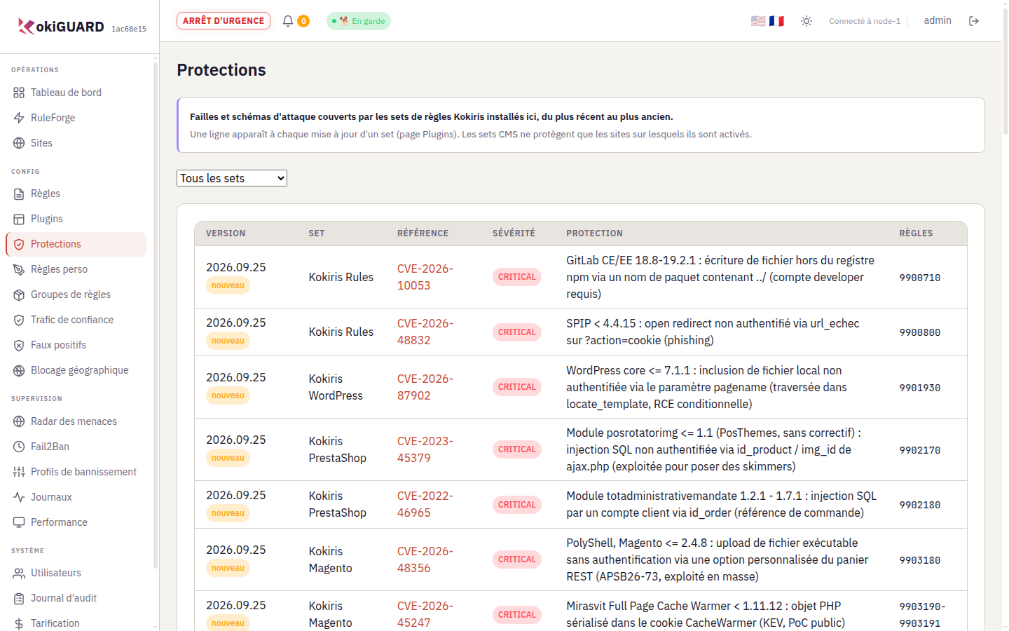 Page Protections : liste des failles couvertes avec version, jeu de règles, référence CVE, sévérité, description et identifiants de règles