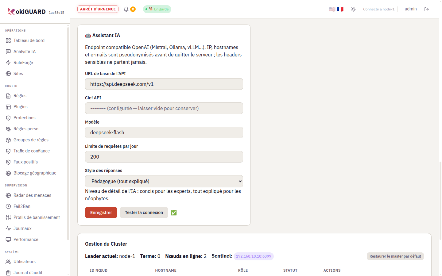 Carte Assistant IA : URL de base https://api.deepseek.com/v1, clé configurée et masquée, modèle deepseek-flash, limite de 200 requêtes par jour, style Pédagogue, test de connexion réussi