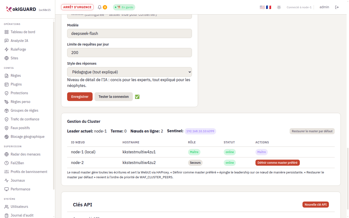 Carte Gestion du Cluster dans Paramètres : leader actuel node-1, terme, nœuds en ligne 2, adresse Sentinel et tableau des nœuds