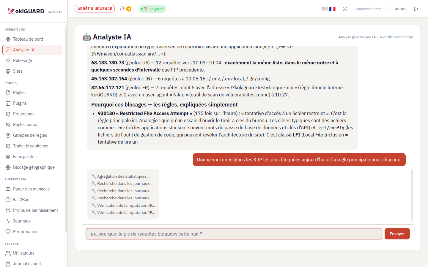 Analyste IA : réponse détaillée sur l'activité de la dernière heure, avec les IP les plus actives, leurs cibles et l'explication de la règle 930130, puis une nouvelle question en cours de traitement